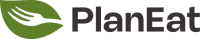 Logo PlanEat composto da una foglia verde stilizzata che incorpora una forchetta, simbolo di alimentazione sostenibile e rispetto dell'ambiente. Sotto l'icona compare la scritta 'PlanEat'."