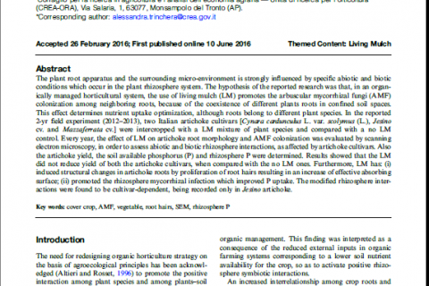 Pubblicazione al link: https://www.cambridge.org/core/journals/renewable-agriculture-and-food-systems/article/abs/effects-induced-by-living-mulch-on-rhizosphere-interactions-in-organic-artichoke-the-cultivars-adaptive-strategy/85DC0D68B3D07836328A4F2CE5F0051D