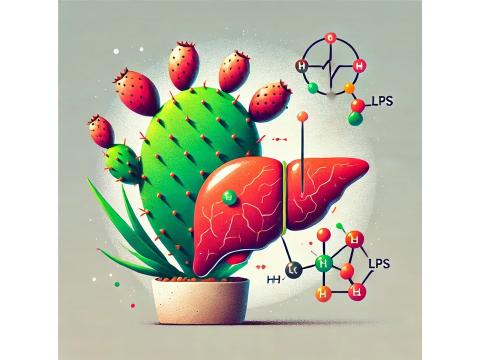 Illustrazione stilizzata di un cactus di fico d’India accanto a un fegato umano, con elementi grafici che richiamano molecole e processi biochimici legati all’infiammazione e ai composti nutraceutici naturali