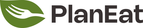 Logo PlanEat composto da una foglia verde stilizzata che incorpora una forchetta, simbolo di alimentazione sostenibile e rispetto dell'ambiente. Sotto l'icona compare la scritta 'PlanEat'."